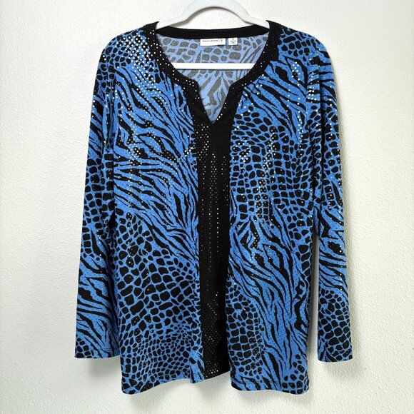 Susan Graver Liquid Knit Tunic Top Size M Blue Animal Print Sparkles 3/4 Sleeve - Picture 1 of 13